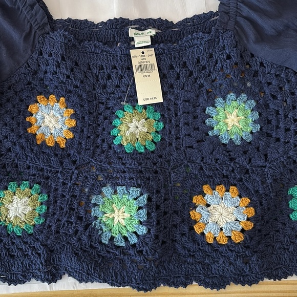 Aerie Peasant Crop Top Cotton Crocheted Granny Square Medium Navy Cottage core - Picture 6 of 9